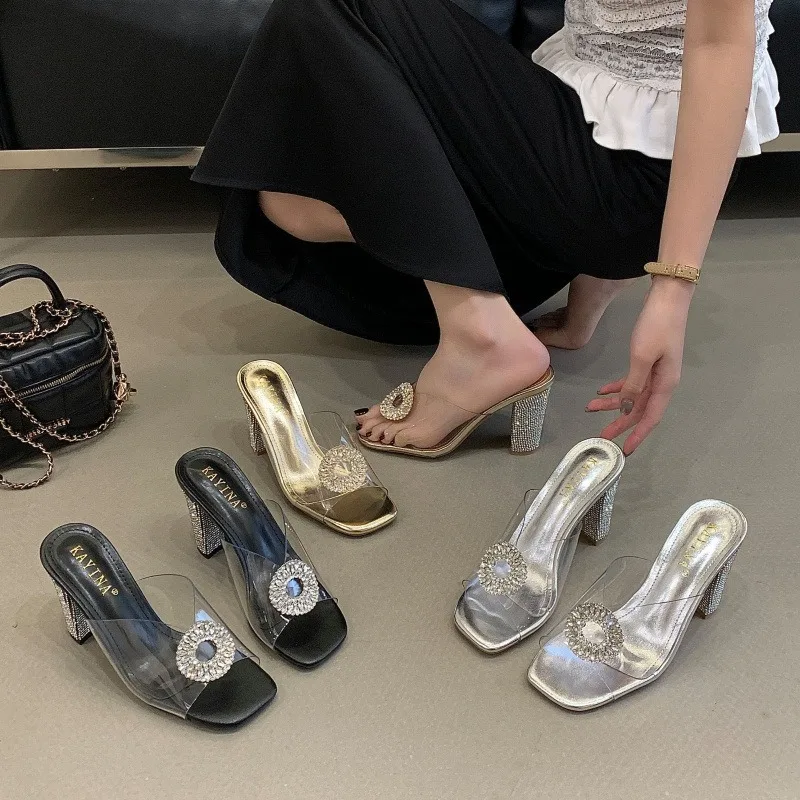 

New Women's Slippers Summer Sexy Rhinestone High Heels Designer Shoes for Women Fashion Versatile Banquet Shoes Zapatos De Mujer