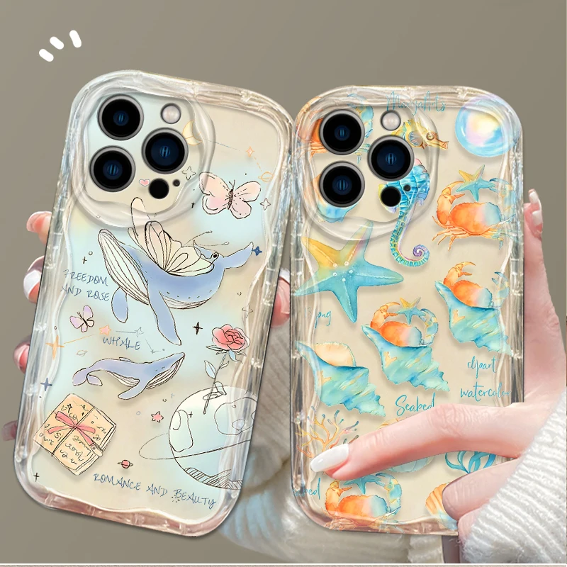 Cute Colorful Marine Organism Wave Case For iPhone 16 15 14 13 12 11 Pro Max X XR XS 8 7 Plus SE 2020 Shockproof Silicone Phone