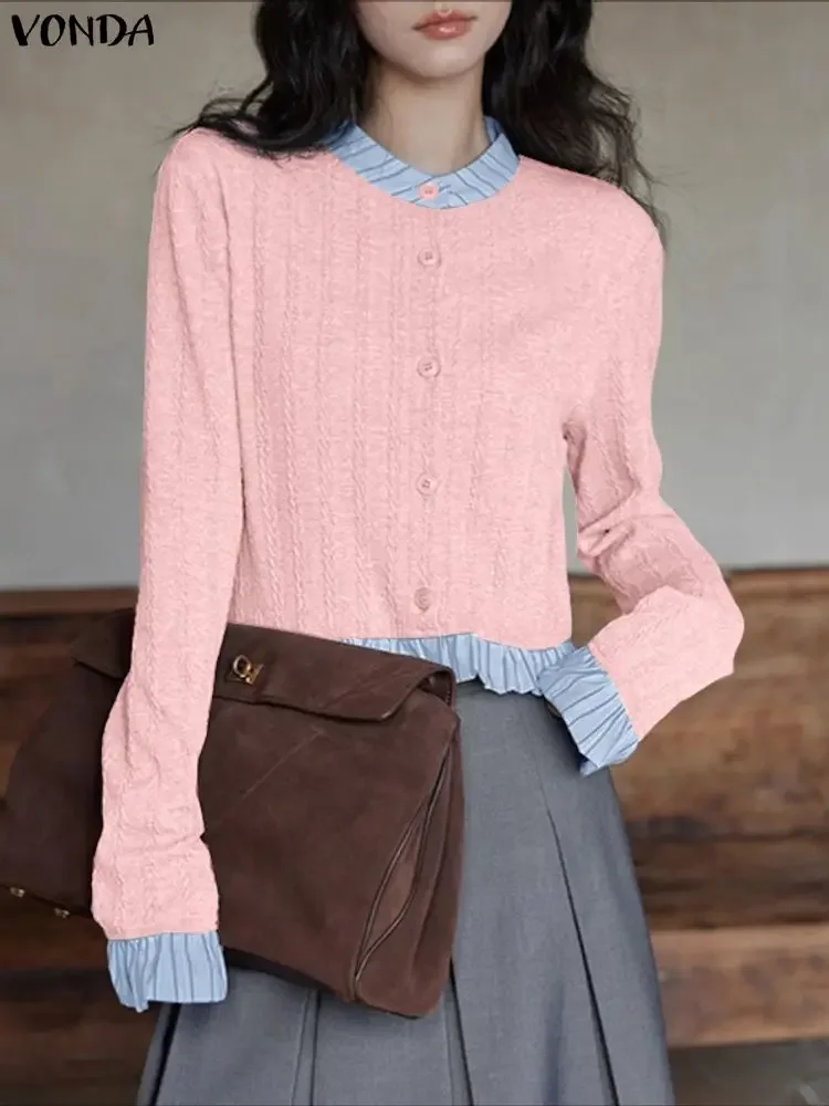 

Women Autumn Knitted Sweaters Cardigan 2025 VONDA Thin Knitwear Fashion Color Patchwork Casual Jumpers Sweet Elegant Sweater