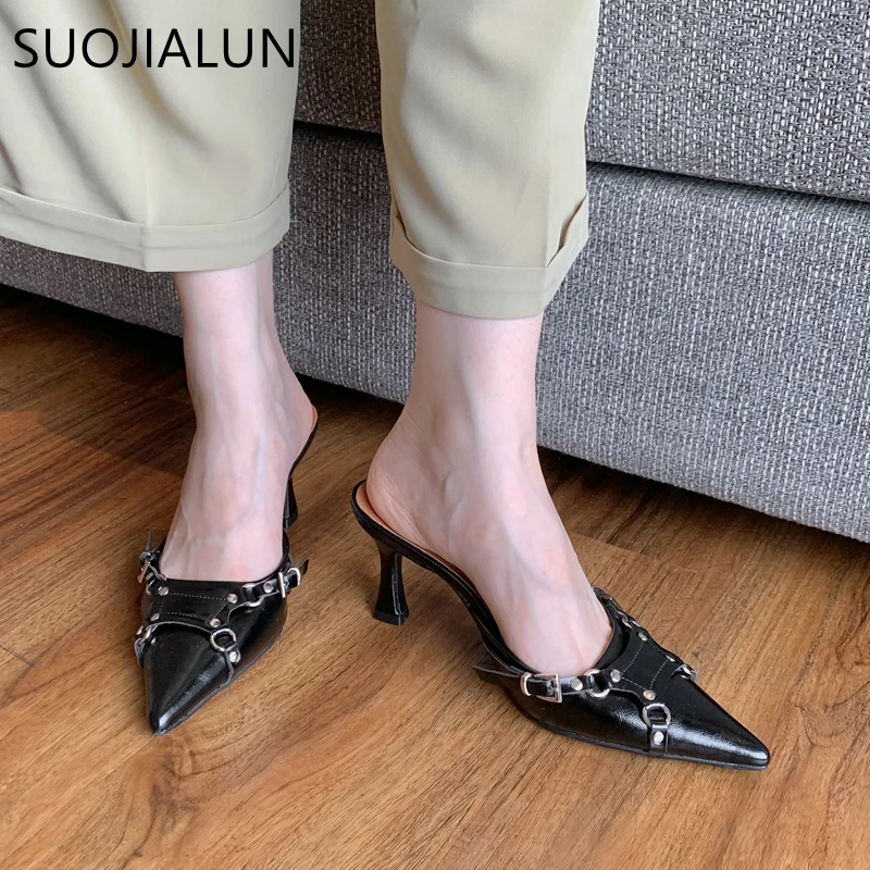 SUOJIALUN 2023 Spring New Brand Women Slipper Fashion Thin High Heel Pointed Toe Women Sandal Shoes Outdoor Dress Mules Shoes