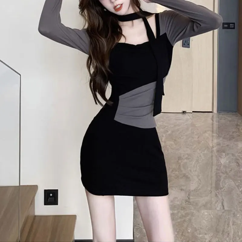 

Hotsweet Contrasting Colors Spliced Dresses Women's Clothing Elegant Square Collar Spring Autumn Chic Folds Bag Hip Mini Dress