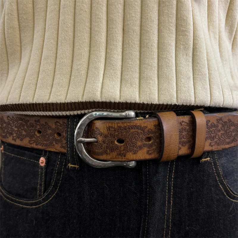 

Men's thickened pure steel hand-carved color-brushed retro belt versatile casual top layer pure cowhide belt