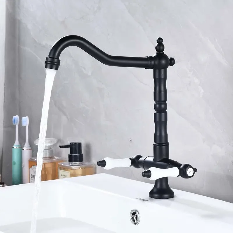 

Dual Handle Kitchen Faucet Antique Brass Retro Basin Faucet 360 Degree Rotation Sink Tap Single Hole Hot Cold Water Mixer Crane