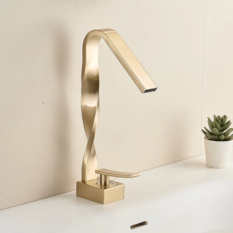 

New Creative Shaped Waterfall Brush Gold Single Hole Mixer Tap Deck Mounted Hot Cold Tap Sink Faucet Single Handle Brass