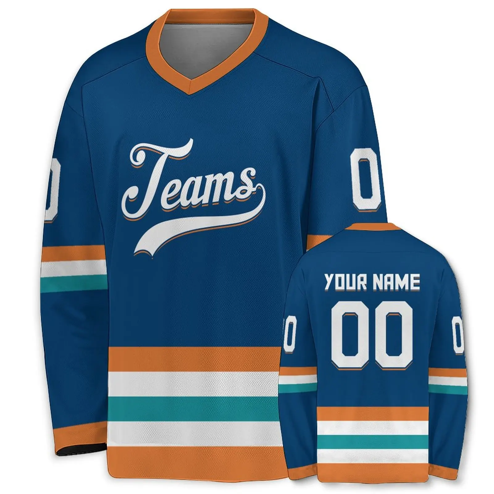 Men's Custom Hockey Jersey Navy Orange Printed Team Name Number V-Neck Sports Uniform Women Youth Kids Training Jerseys