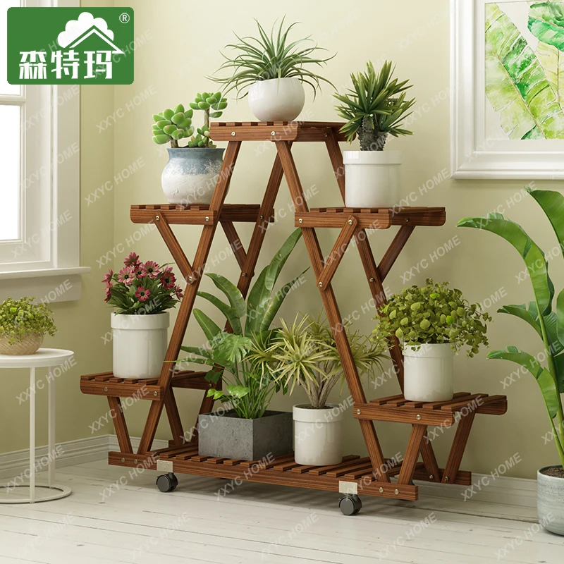 Anticorrosive to-ceiling flower rack multi-layer indoor and outdoor solid wood living room balcony succulent potted plant rack