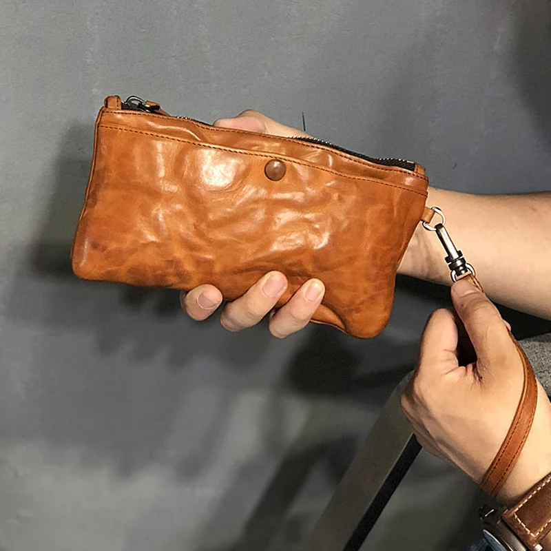 

Handmade plant tanned soft cowhide men's large capacity mobile phone bag leather long purse bag card bag Khaki