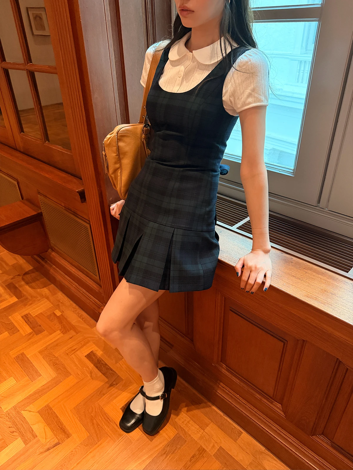 

Tiny Drops Mandy Plaid Dress with Belt College Style Cotton Short Sleeve Slim Fit Daily Wear Homebody Dress for Women