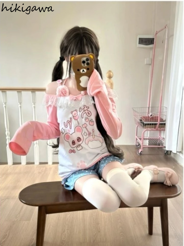 تي شيرت ياباني حلو تي شيرت 2025 ملابس نسائية برقبة مائلة وأكمام طويلة تي شيرت Y2k قطع علوية مرقعة من الدانتيل مطبوع عليه رسوم كارتونية تي شيرت لطيف #4