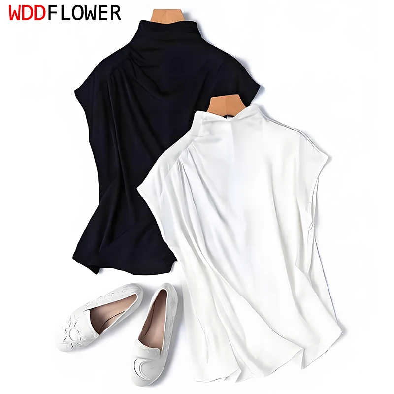 19 Momme 93% Natural Silk 7% Spandex Stand-collar Wide-shoulder Black White Cap Sleeve Women Top T-Shirt Shirt Blouse M1569