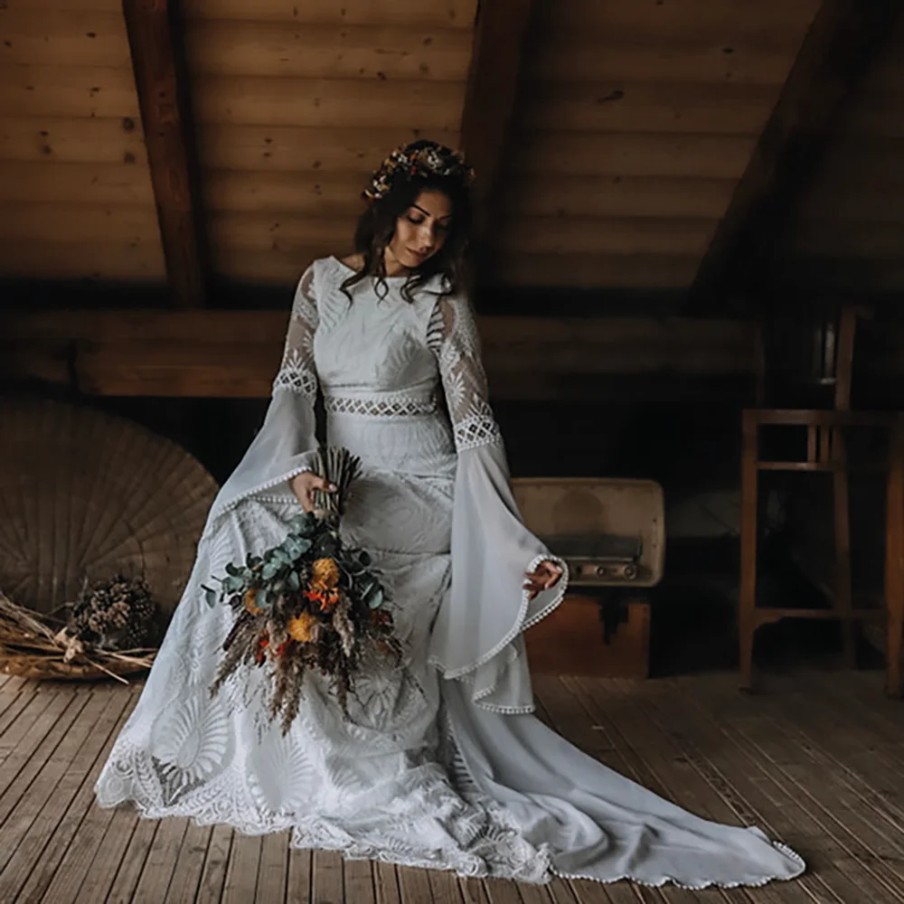 A Line Lace Long Batwing Sleeve Hippie Boho Plus Size Bridal Gown Boat Neckline Soft Chiffon Lace Cutout Backless Wedding Dress
