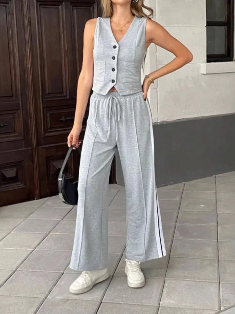 

Spring Summer Fashion Vest Long Pants 2 Piece Set Women's Casual Striped Loose Simple Wide-leg Long Pants Female Office Suit Set