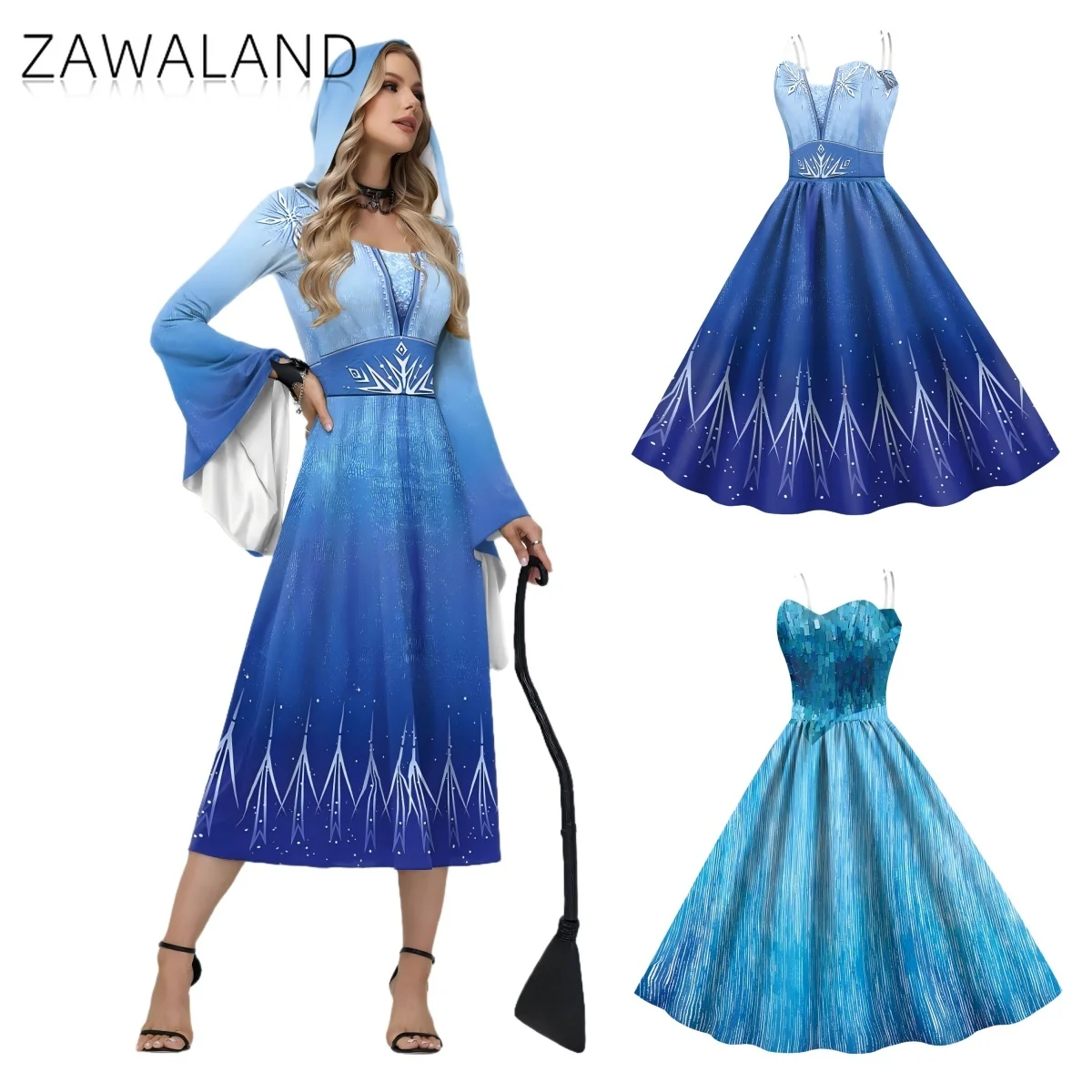 

Elsa Princess Cosplay Dresses Women Blue Snow Printing Dress Halloween Party Costumes Movie Carnival Performance Fancy Outfits