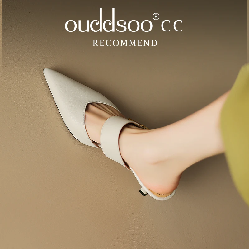 

ODS Chic Design Women Mules Shoes Pointed Toe Shallow Kitten High Heels Apricot Genuine Leather Party Pumps Chaussure Femme 4142