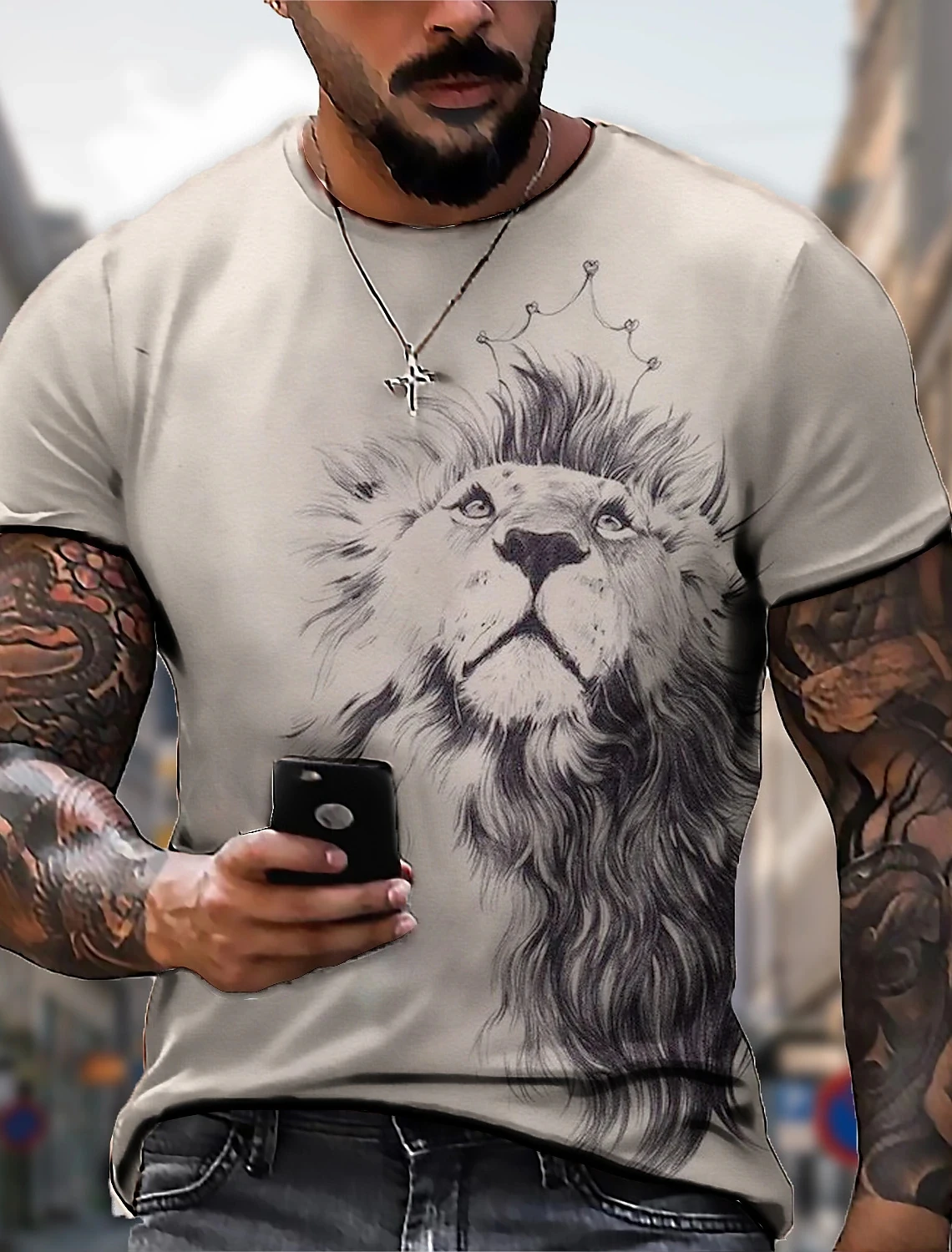 Men\'s Neutral T-Shirt Lion Print Round Neck Black and White 3D Printed Outdoor Street Short Sleeve Printed Clothing Sportswear