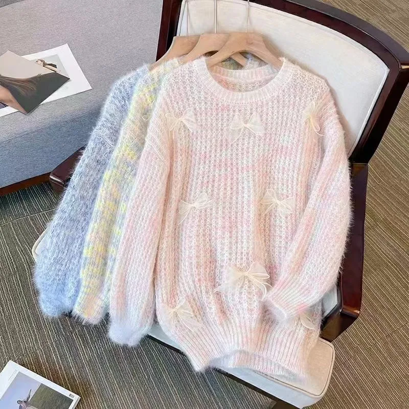 Dzianinowy sweter z długim rękawem i kokardą dla kobiet Gorąca wyprzedaż Leniwy sweter Jesień Zima Pullover Jumper Trend Luźne topy Słodki płaszcz Szykowny