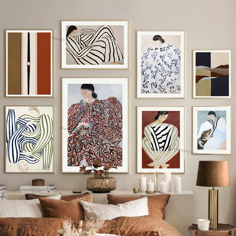 Red Striped Clothes Girl Abstract Line Posters And Prints Wall Art Canvas Painting Hotel Bar Pictures For Living Room Home Decor