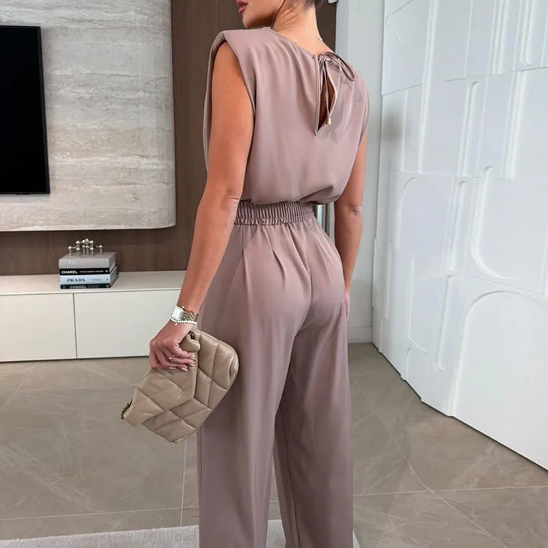 

Summer New Casual Commute Simple Playsuits Overalls Elegant Swinging Collar Sleeveless Jumpsuits Fashion Solid Wide Leg Rompers