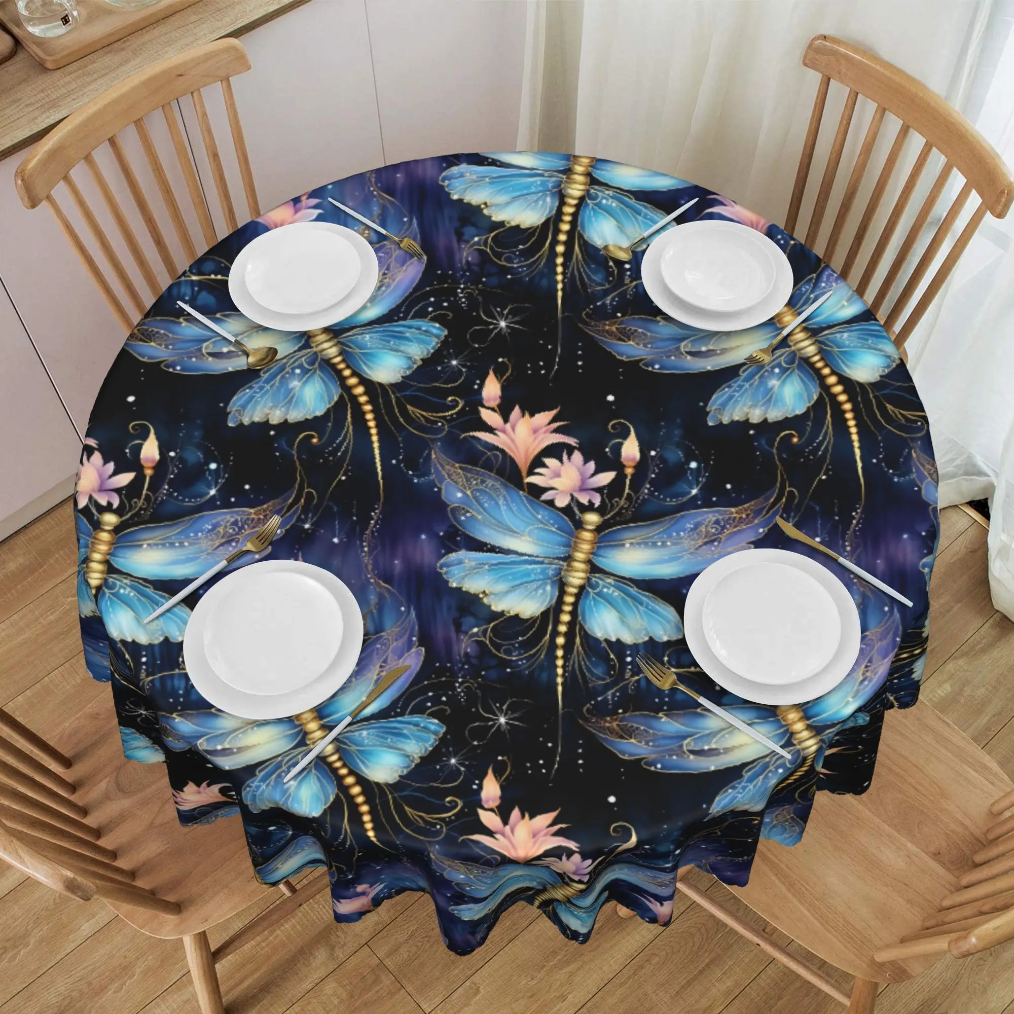 Nappe ronde avec des lucioles et des libellules brillantes avec des fleurs, nappe bleue magique et fantastique pour pique-nique, nappe de 70 pouces
