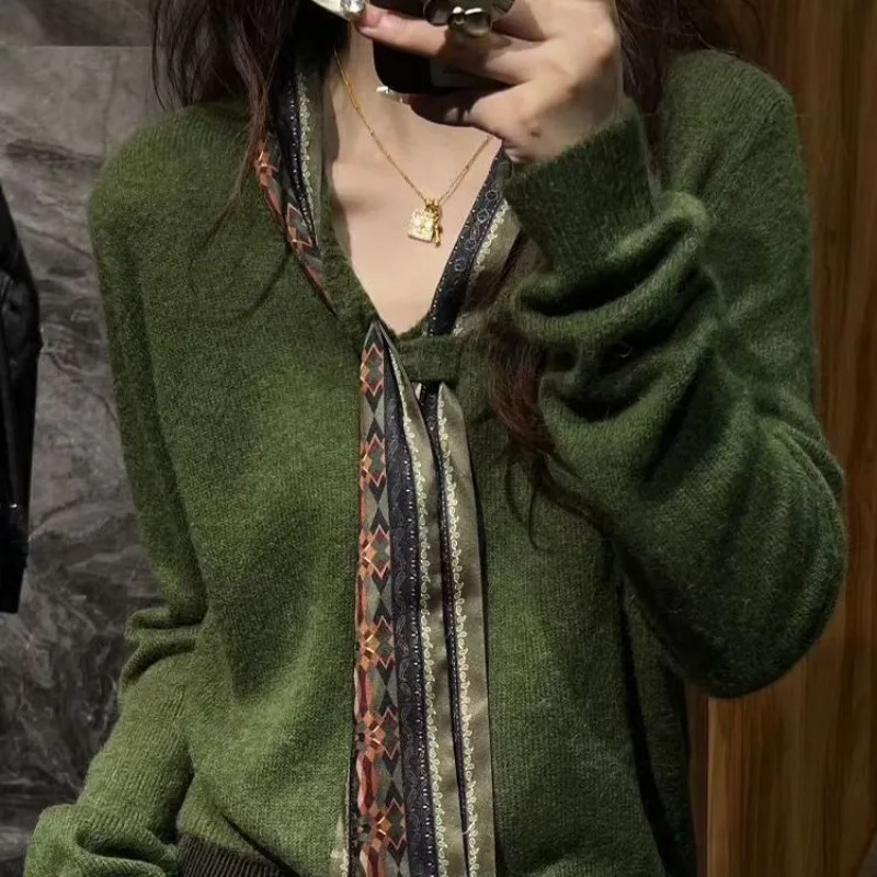 

Сплошной цвет, темпераментный зеленый свитер на шнуровке с v-образным вырезом, женский свободный топ