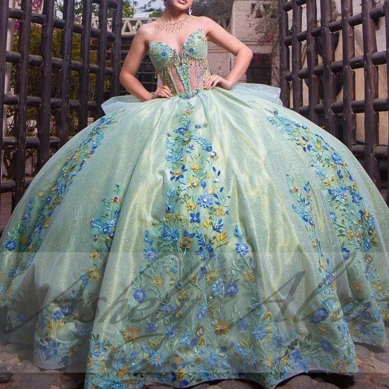 Customzied Green Women Prom Occasion Dress Off Shoulder Illusion Lace Sweet 16 15 Girl Quinceanera Dresses Vestido 15 De Años