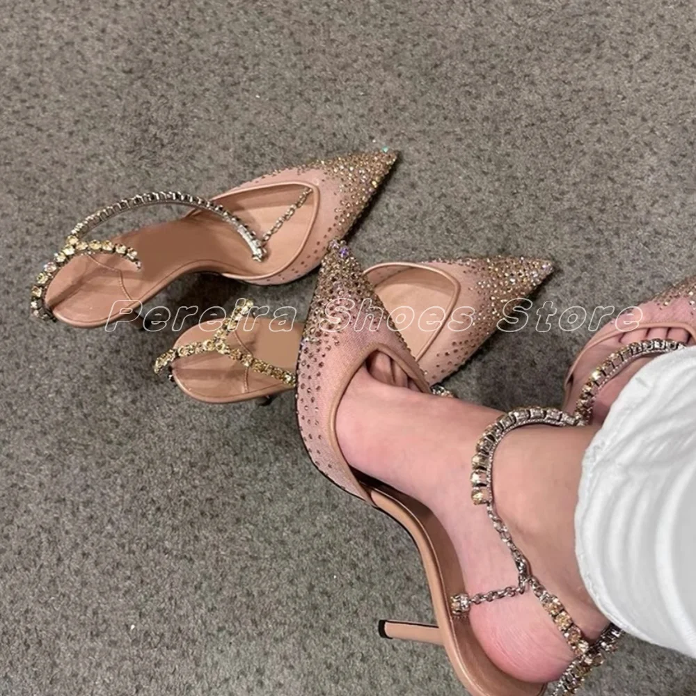 

Glitterling Rhinestone Stiletto Pointed Toe Sandals Silver Mental Chain Ankle Buckle Strap 2024 Summer New Arrivals