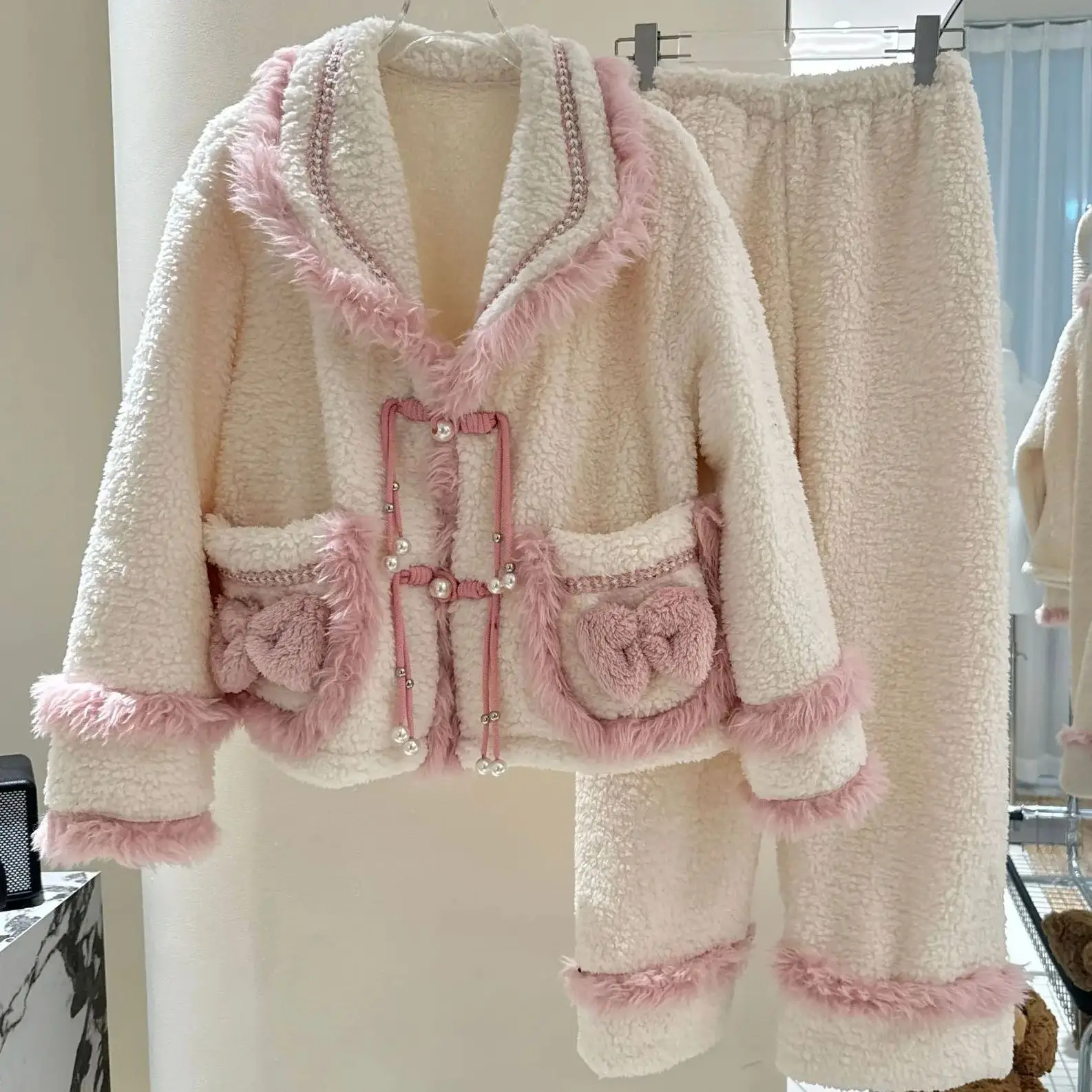 

Pink Sweet Girl Winter Warm Sleepwear Women's Pajamas Long Sleeve Pajama Sets Trousers Sets Home Clothes Home Suit For Women