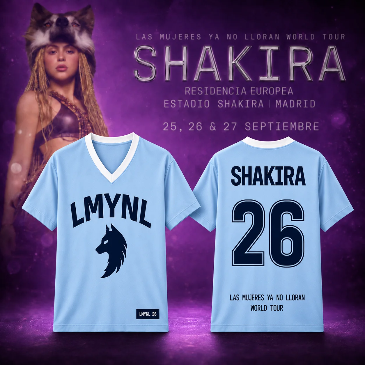 Shakira LMYNL Las Mujeres Ya No Lloran World Tour Baseball-Trikot, hellblau, V-Ausschnitt, Wolf, Nummer 26, Konzert-Merchandise, Unisex, Geschenk für Fans. – Detail 1