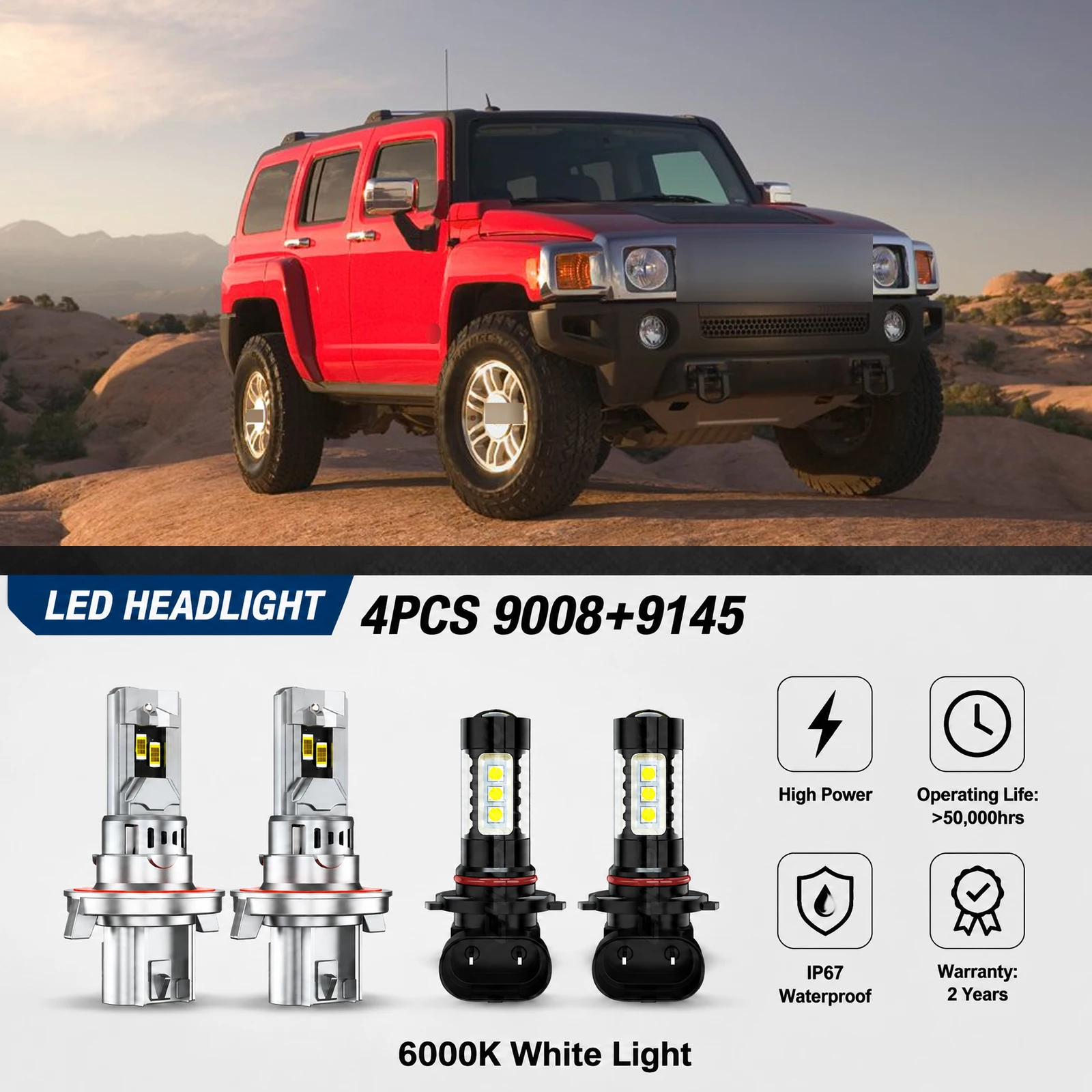 6000K LED Headlight Hi/Lo + Fog Light 4 Bulbs Combo Kit For Hummer H3 2006 2007 2008 2009 2010