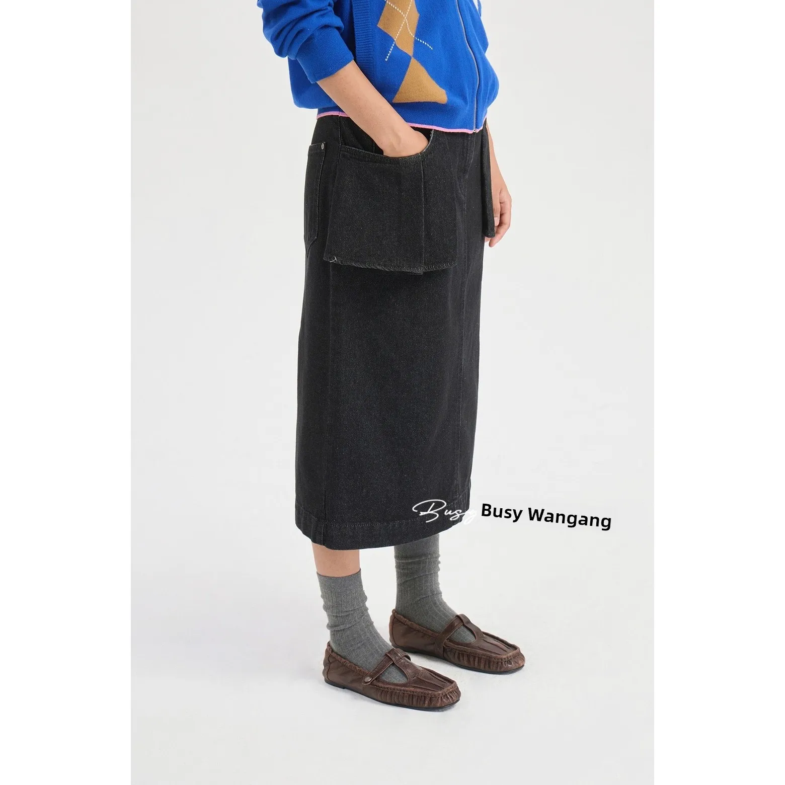 Cotton Denim Half Skirt Commute Stylish Pocket Design Slimming Straight Cut Korean Style Women's mid Waist Cotton Skirt