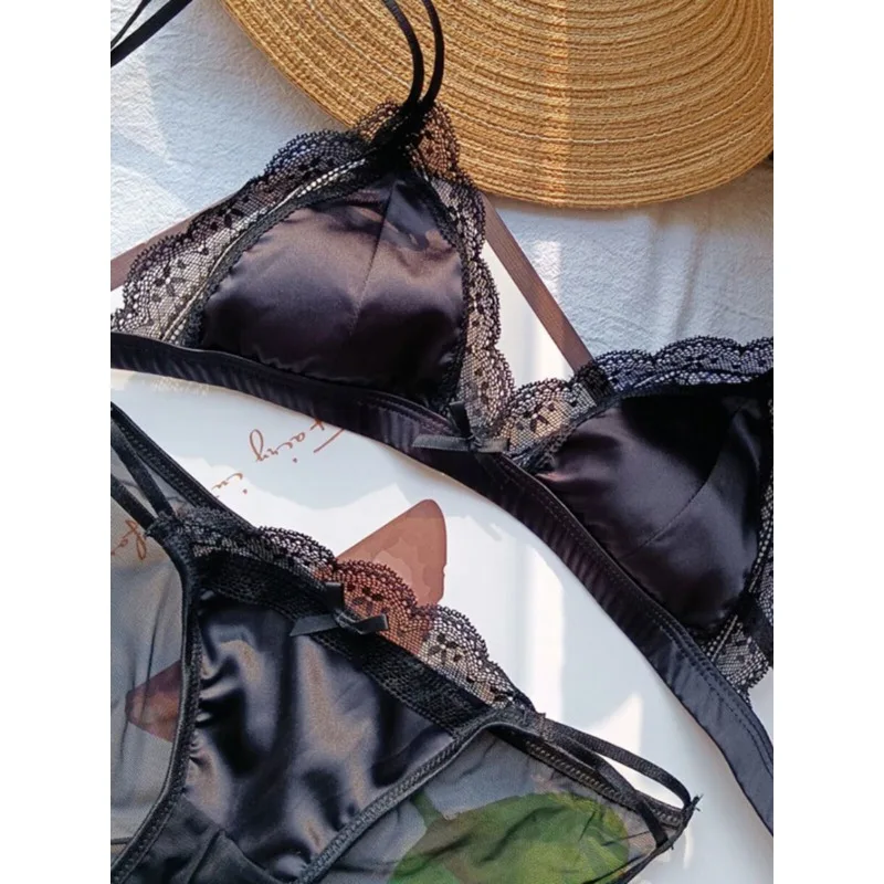 Französischer Bralette-Stil ohne Bügel, Sexy Spitzenbesatz Kleine Cup-Größen Dessous, Niedliches 3-teiliges BH-Set mit Komfort-Cup-Form-Design S-XL