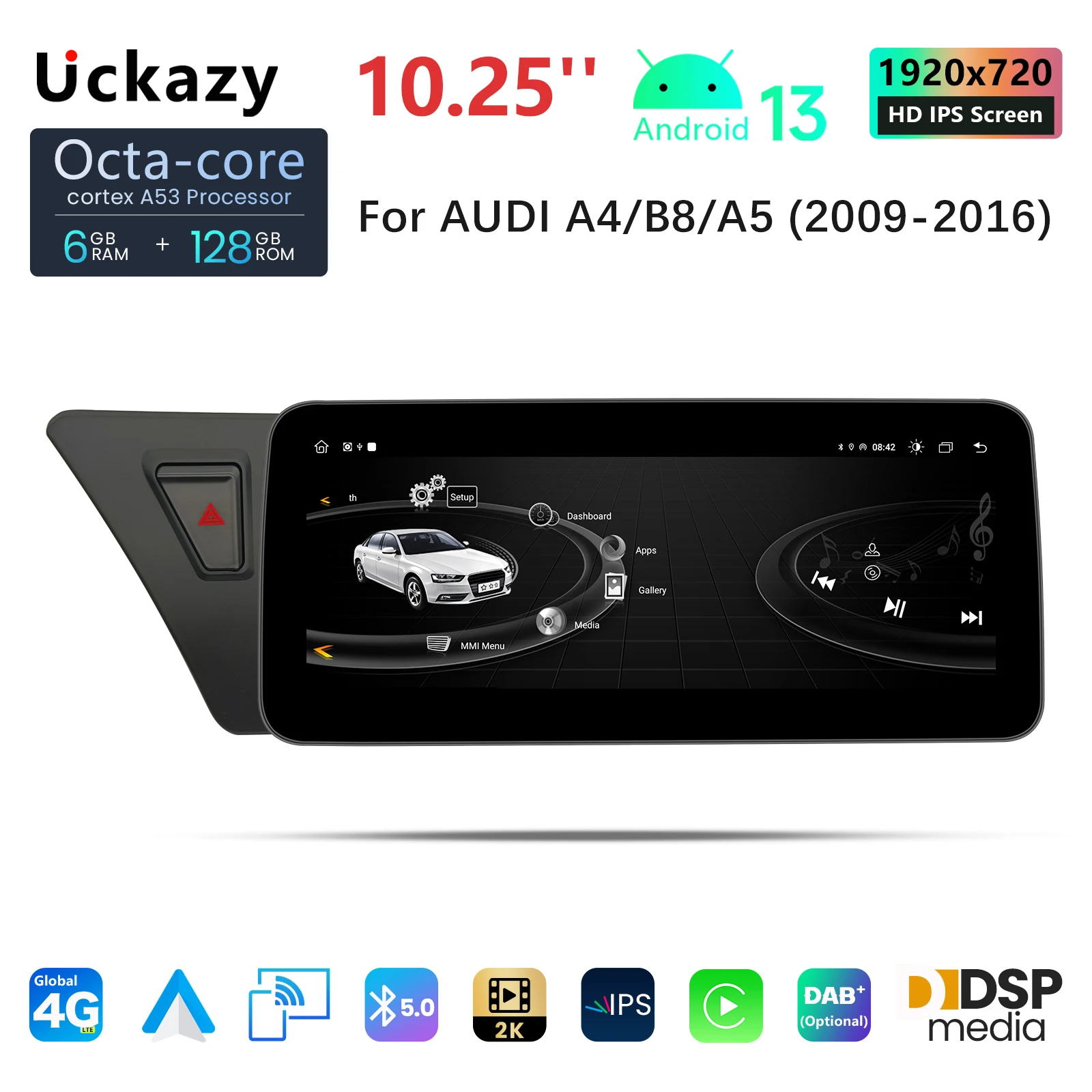 10.25 Android 13 Car Radio For Audi A4 A4L B8 A5 2009-2016 Multimedia Player Carplay Head Unit QLED Stereo GPS WIFI 4G