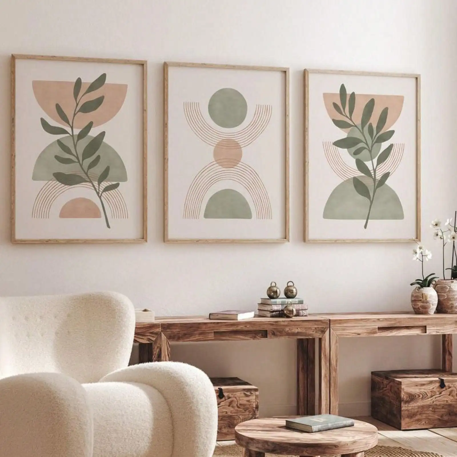 3PCS Frameless,Set of 3 Peach Green Boho Botanical Wall Arts Print, Sage Green Mid Century Print, Sage Green Canvas Posters, Nat