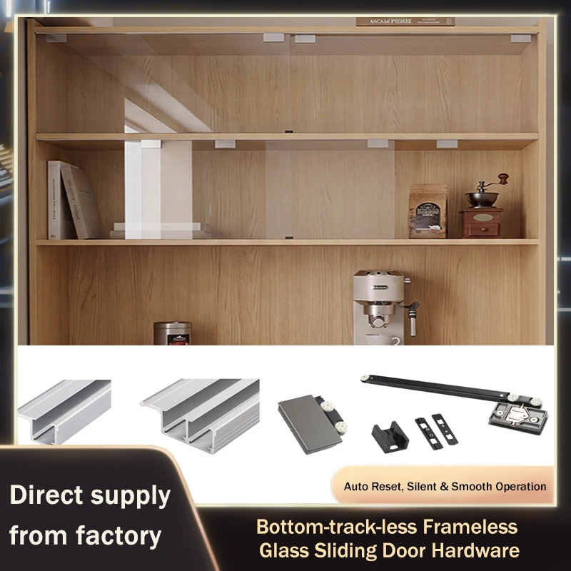 Single Rail No Bottom Embedded Glass Sliding Door System With Soft Close Damping Roller For Cabinet Display Stand Furniture