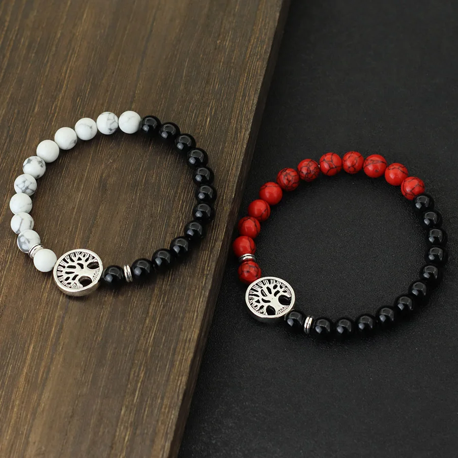 New Fashion Life Tree Bracelet For Men Bicolor Natural Tiger Eyes Obsidian Stone Braslet Lucky Red Howlite Charm Braclet Pulsera - view 2