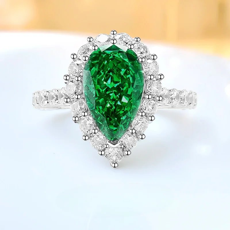 Desire Light Luxury Water Drops 925 Silver Versatile Ring Inlaid with High Carbon Diamonds,  Sense Grandmother Green Girl