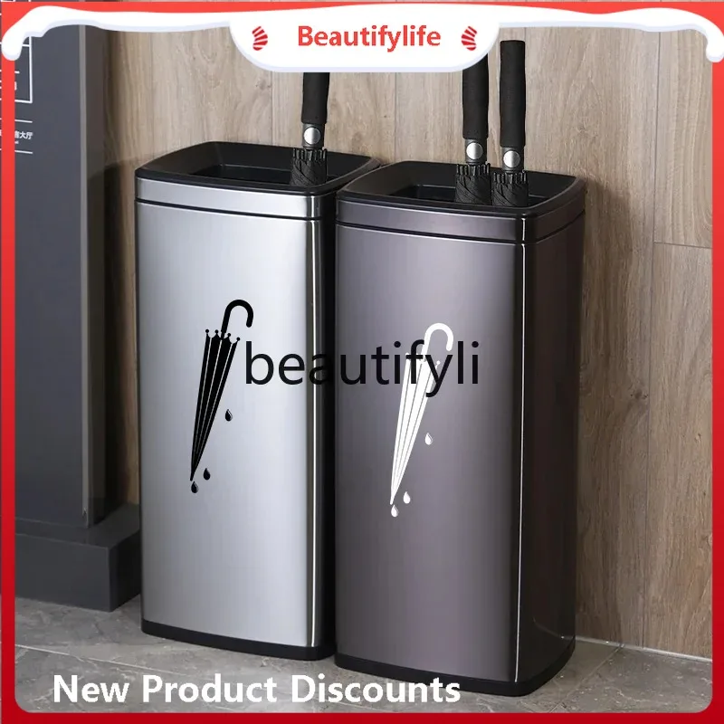 

cn0420 Stainless steel umbrella bucket commercial vertical square door light luxury umbrella storage rack umbrella barrel