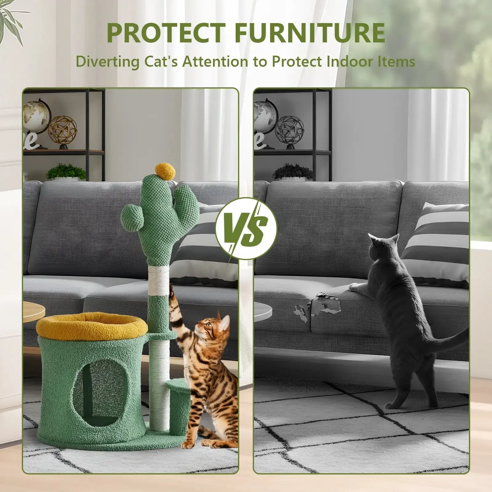 32" Cat Tree,Cat Tower with Cactus Cat Scratching Post,Cozy Cat House for Indoor Cats,Green