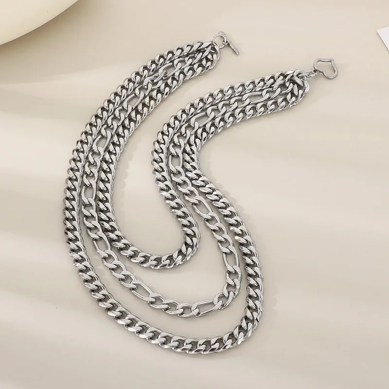 Hip Hop Stainless Steel Necklace Chunky Three Layered Necklace Trendy Jewelry Cuban Chain Choker Accessories Gift