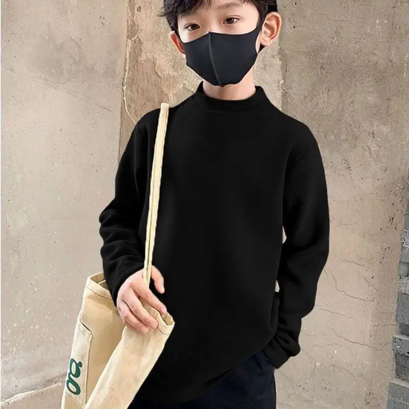 New Baby Boys T shirt Fashion Autumn Winter Solid Thermal Long Sleeve Casual High Collar Thin Velvet Heating Tops 6 8 10 12 Year