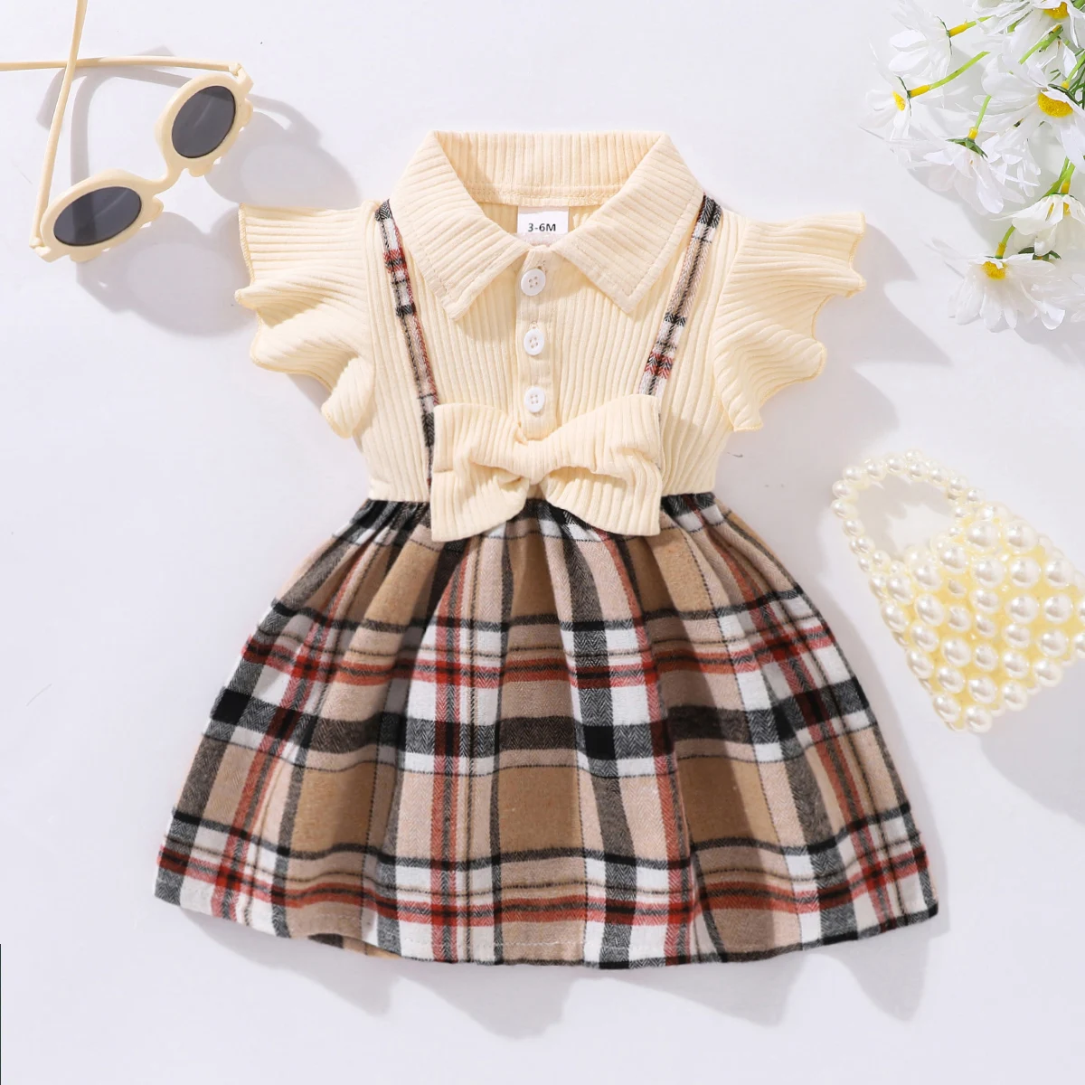 3-24M Summer Newborn Baby Girl Princess Dress Plaid Skirt Stripe Flip Collar Flying Edge Sleeves Fashion Baby Girl Clothes