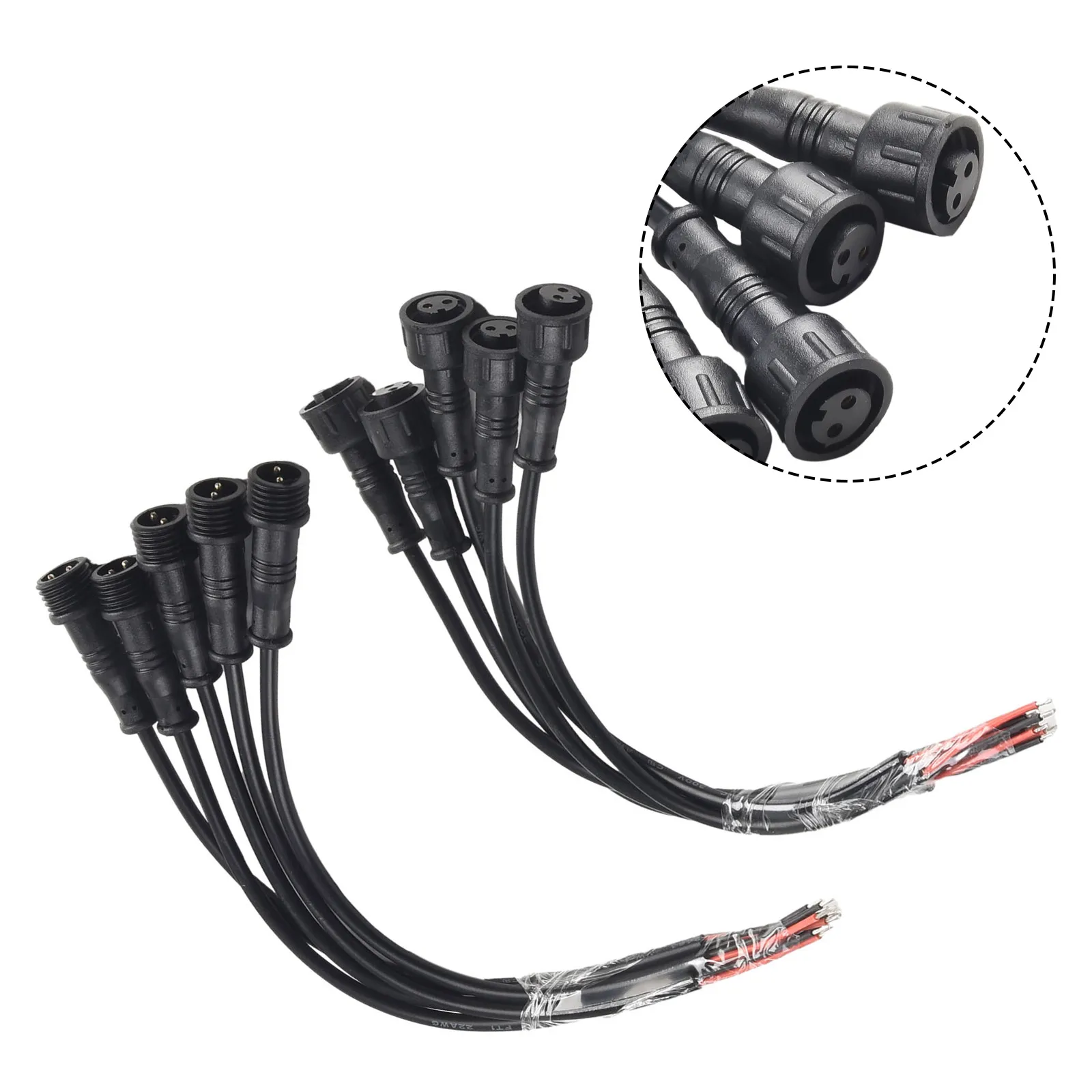 Conectores à prova d'água para trabalho elétrico otimizado 5 pares de conector à prova d'água IP65 de 2 pinos com cabo preto M/F de 20 cm 22AWG