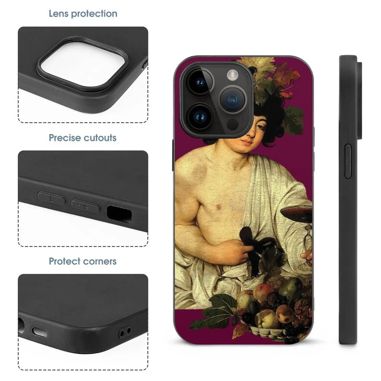 Bacchus Tempered Glass Case For Apple Iphone 16 15 14 13 12 11 X Xr 8 7 Etc. Black Phone Case Bacchus Art History Baroque