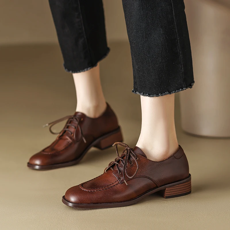 

2023 New Size 34-41 Genuine Leather Shoes Woman Retro Square Low Heels Single Shoes Office Ladies Dress Pumps