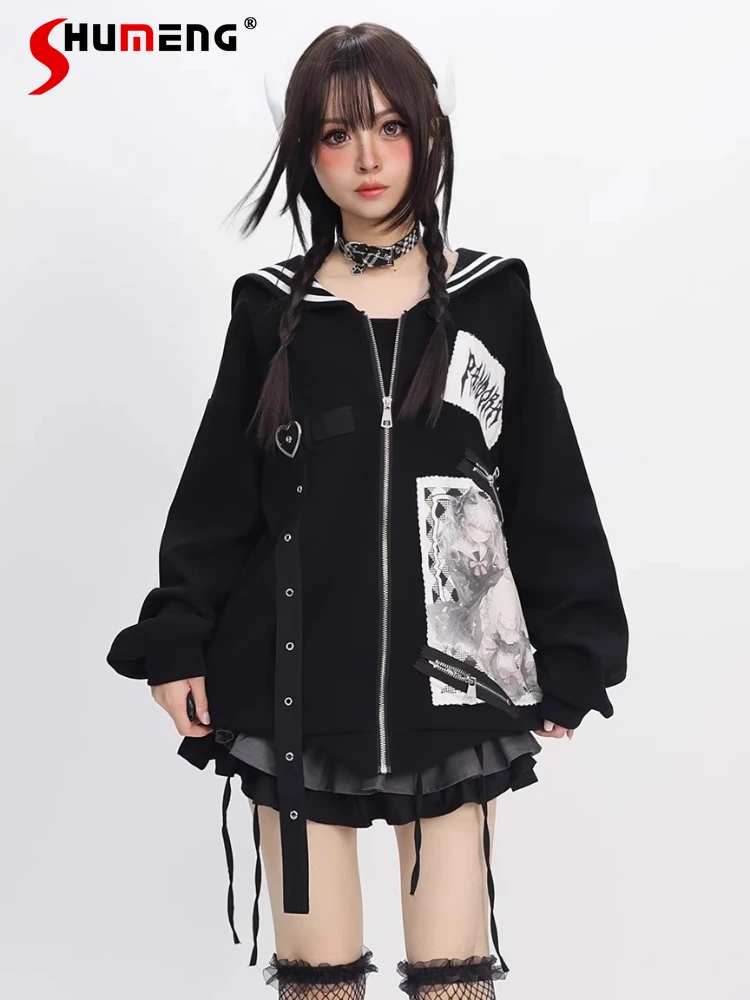 Fashion Street Sweet Cool Girl Subculture Navy Collar Long Sleeve Loose Casual Versatile Zipper Sweatshirt Jacket Women Autumn