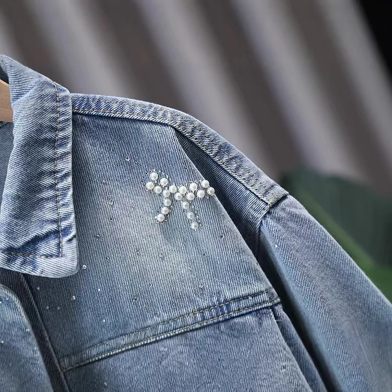 Fashion Baby Girls Denim Jacket with Pearls for Toddler Princess Elegant Blue Jeans Coat Outfit with Bows Kids Casual Clothing