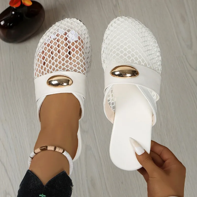 

2026 Women Slippers Mesh Breathable Baotou Slippers Women Round Head Metal Buckle Shoes Soft Bottom Flat Sandals Slides Women