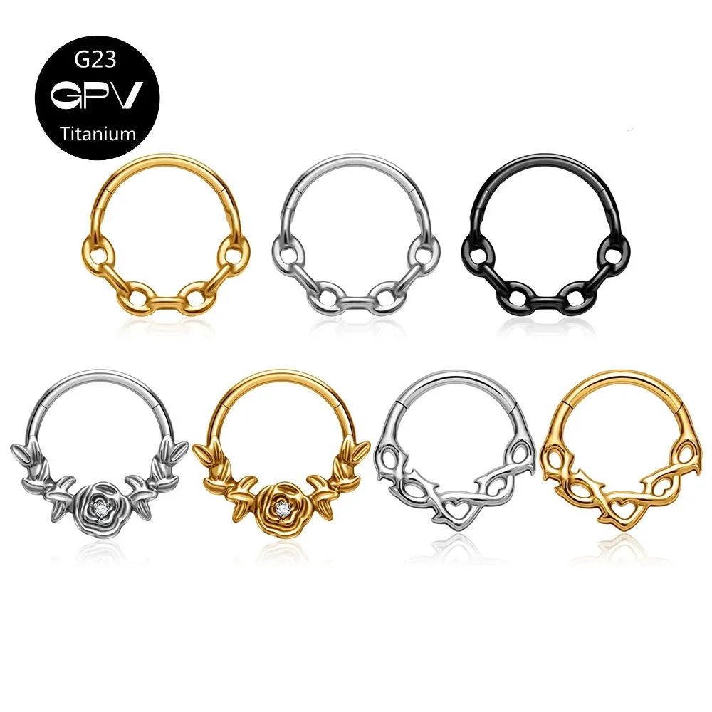 Anillo Nasal de Titanio G23 F136 con Diseño de Flor y Espiral, Joyería Punk de Oro de 18K para Hombres y Mujeres
