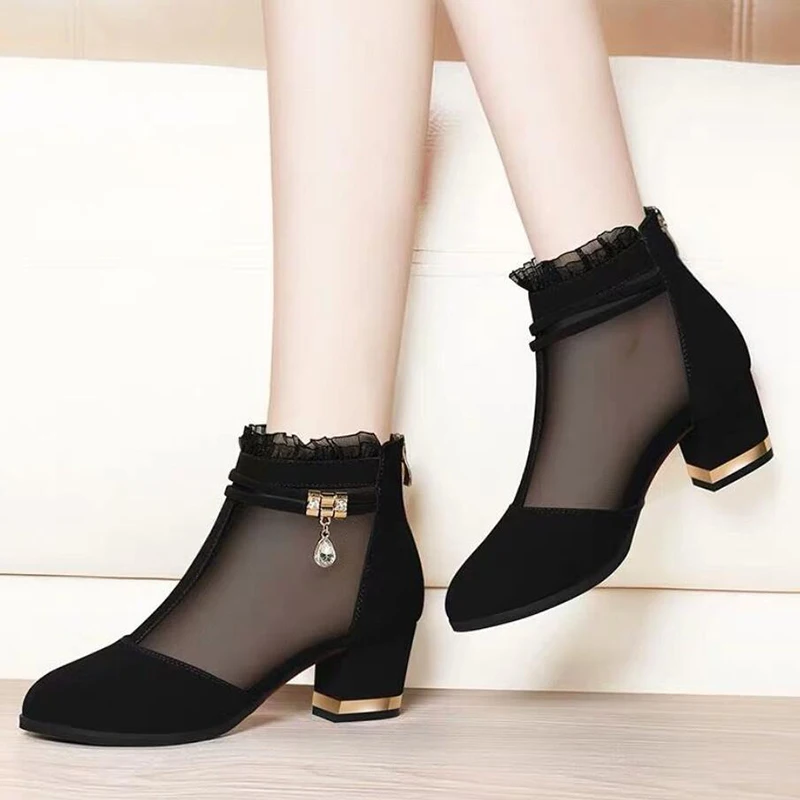 Summer Women\'s Mesh Square High heeled Sandals Ankle Boots Female Fashion Lace Hollow Party Shoes Gladiator New 2023 Zapatillas