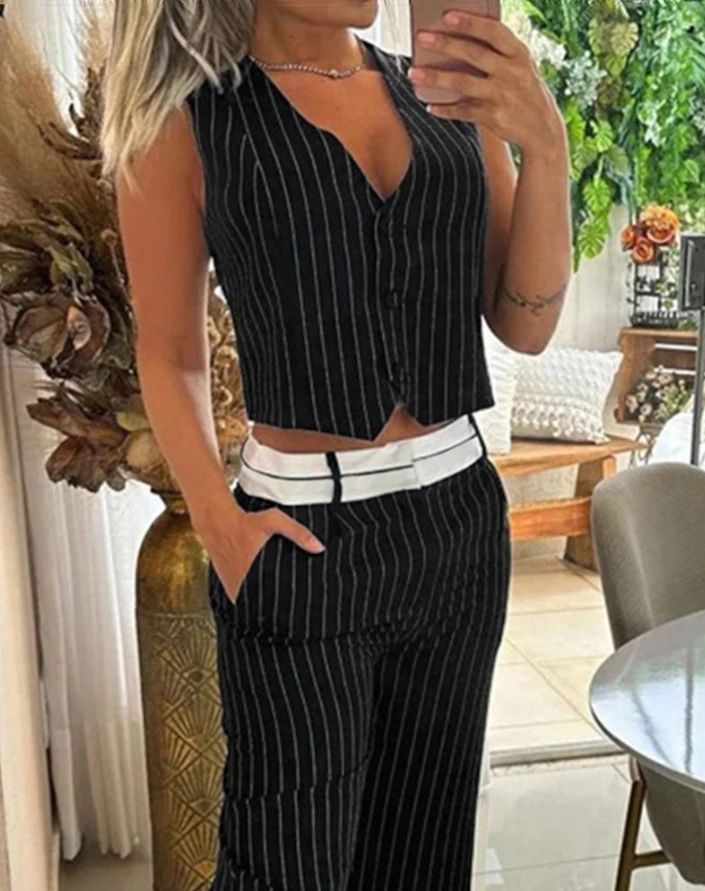 Women's Summer Hot Summer Commuting Casual Button Striped Ribbed Vest Top and Pocket Loose Wide Leg Pants Design Long Pants Set